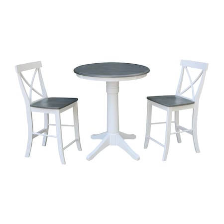 International Concepts Round 30 in Rd Ped Gathering Ht Table, 2 X-Back Stools, White/Heather Gray, 30 in W, 30 in L, Wood K05-30RT-27B-S6132-2